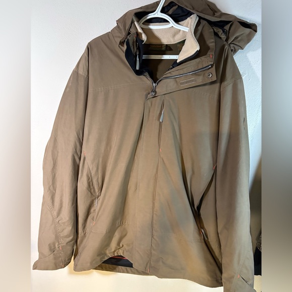 Timberland 2 Layer Winter Coat Olive Brown Sz  L  Zip out Liner Orange Accents - Picture 1 of 11